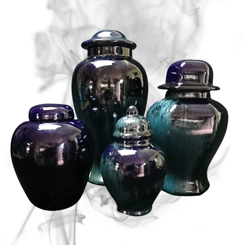 4 Urns with glossy dark blue glaze with light blue highlights