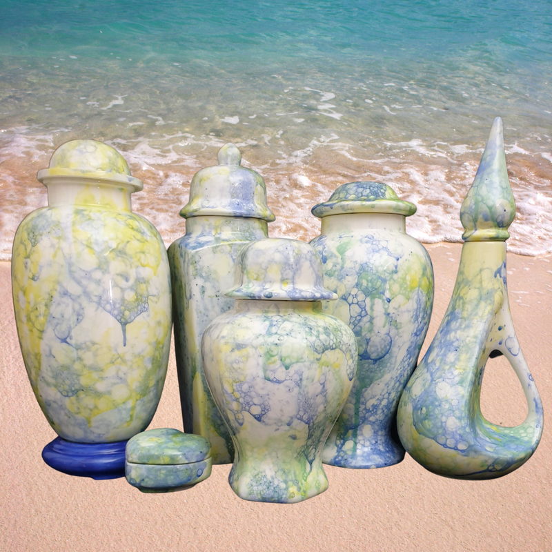 6 Urns with yellows, blues and greens bubbled over the surface