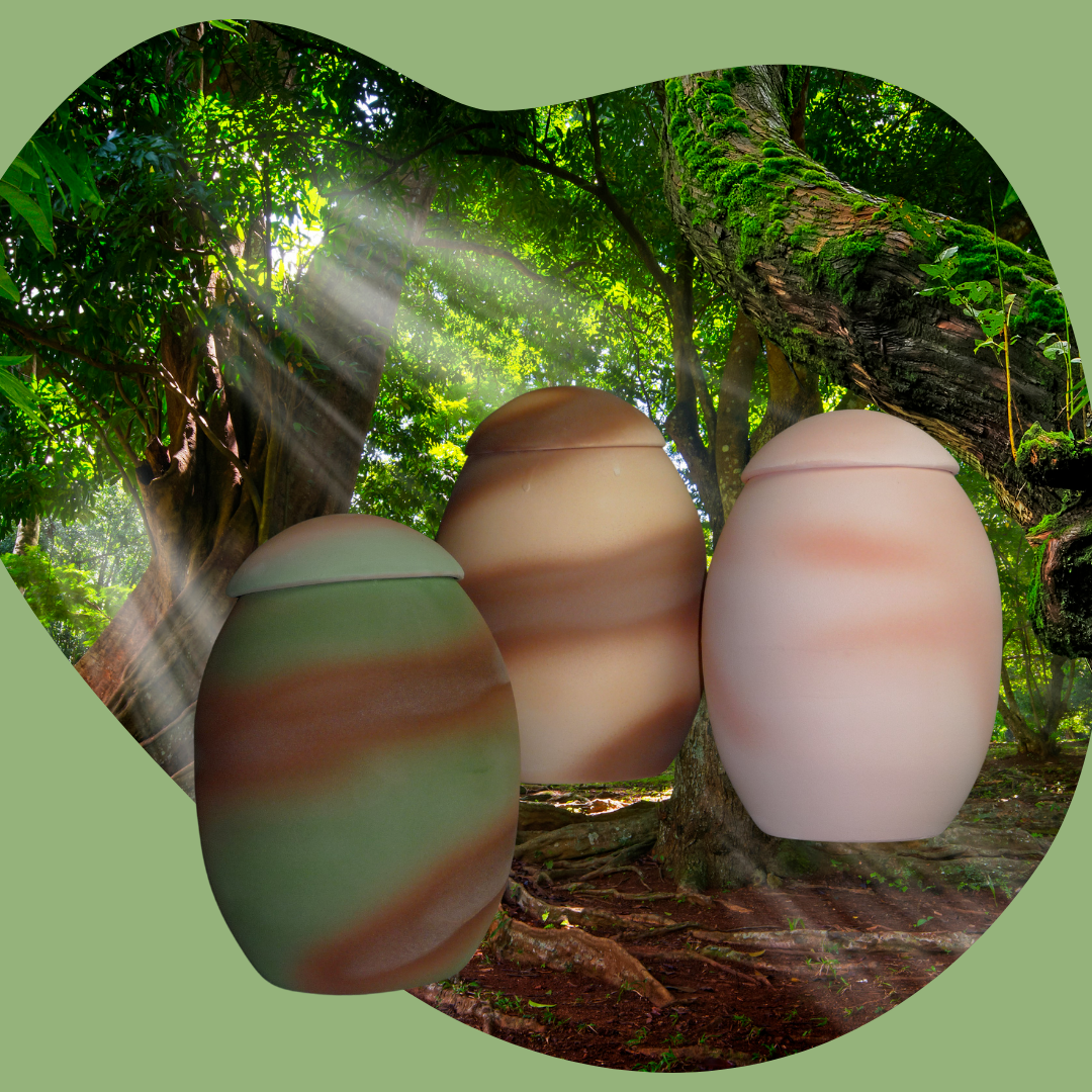 3 Earthy toned burial pods, a green one, a brown one and an apricot one sitting in a rainforest