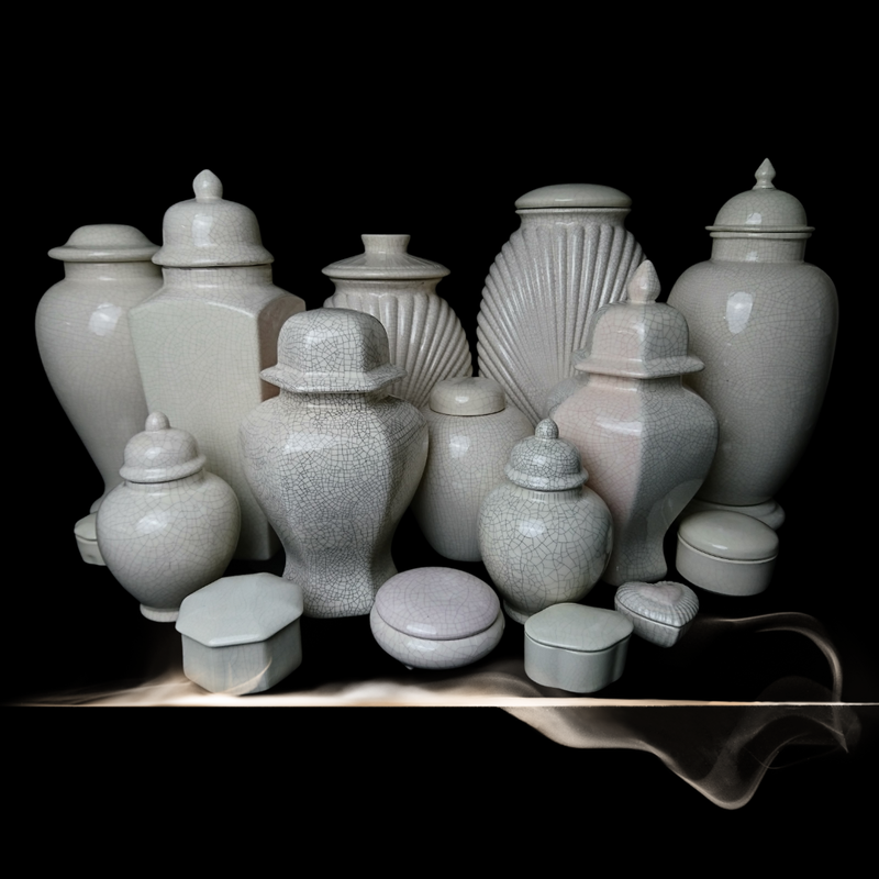 15 different sized Urns with a crackle glaze. The crackly is different colours